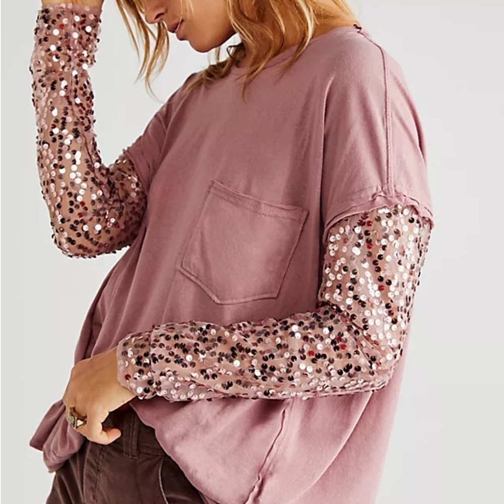 Free People Celine Sequin Long Sleeve Tee Pink Sz XS Oversized